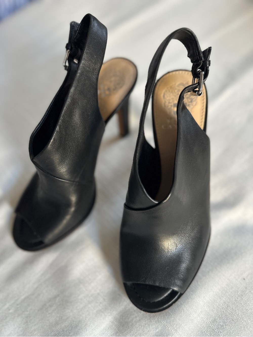 VINCE CAMUTO “Ledinla” Soft Black Leather Peep Toe Slingback Sandals | 8 - Picture 2 of 13